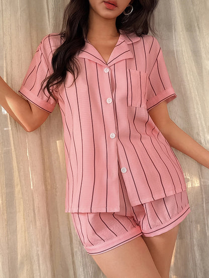 Pyjama Femme Boutonné – Haut Manches Courtes & Short à rayures noir