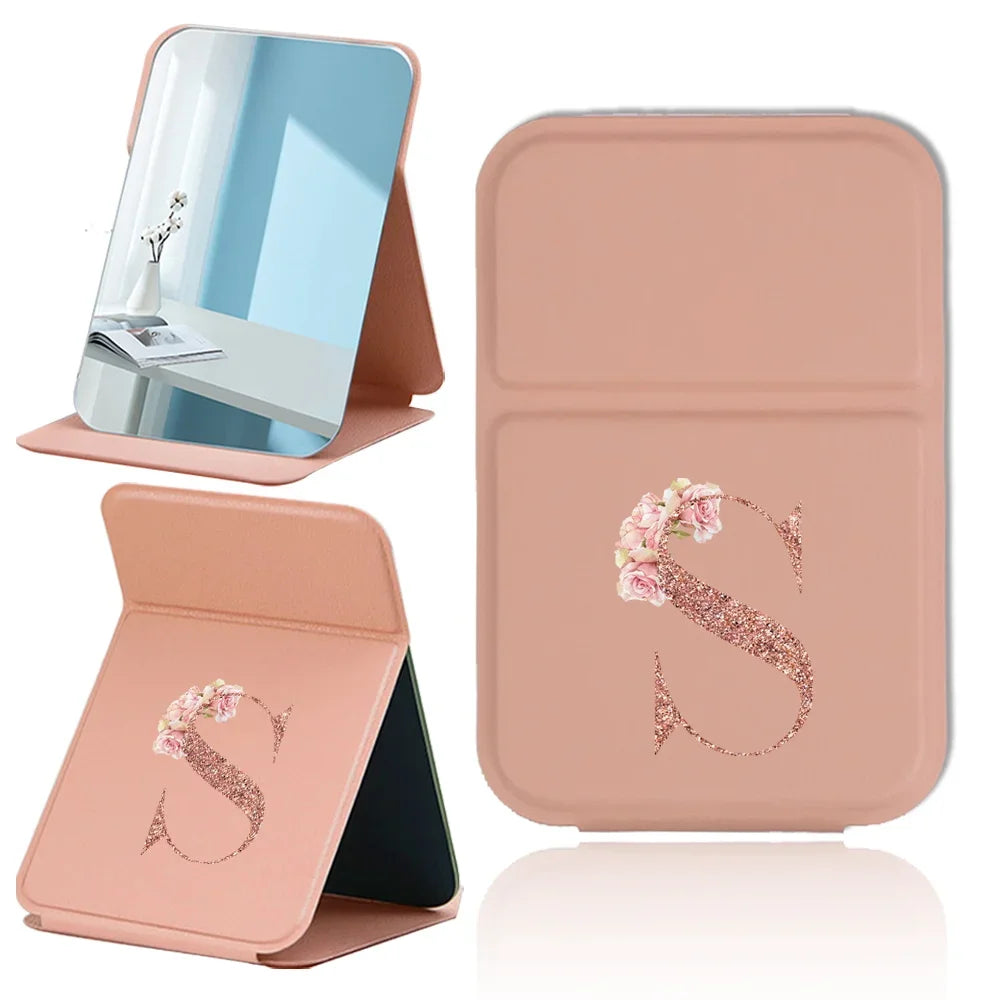 Espejo de maquillaje plegable portátil - Cuero sintético antideslizante en oro rosa con estampado de letras