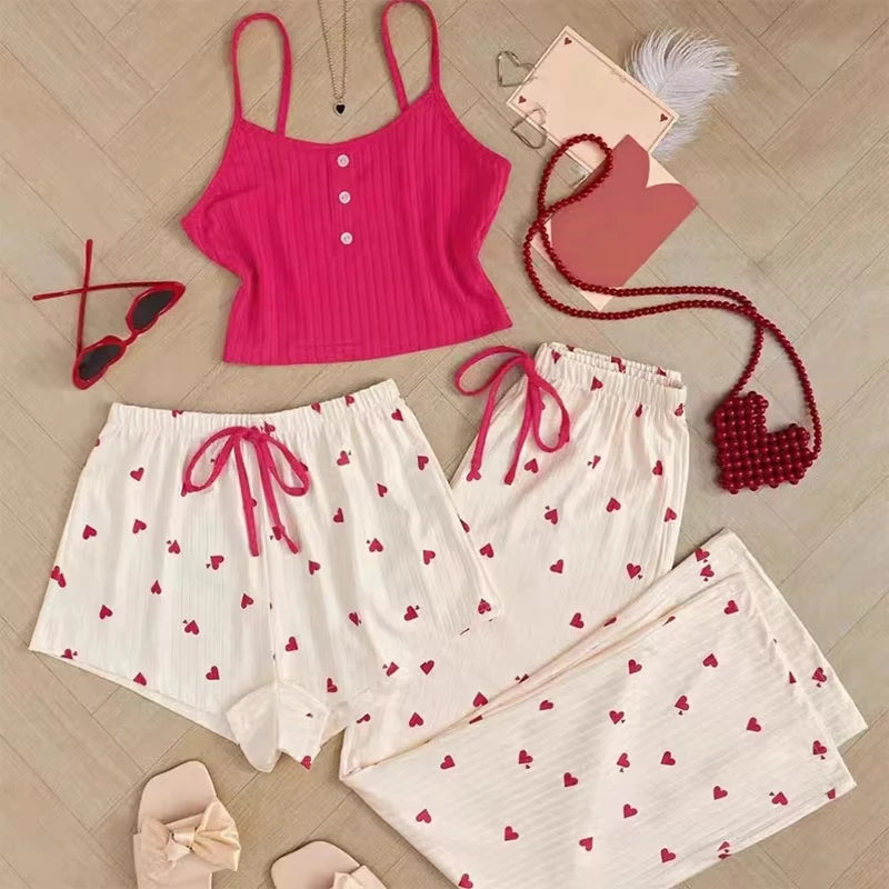 Ensemble Homewear Femme – Camisole, Short & Pantalon imprimé 🩷