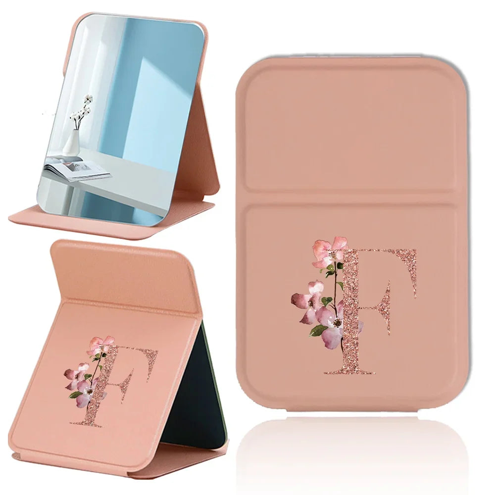 Espejo de maquillaje plegable portátil - Cuero sintético antideslizante en oro rosa con estampado de letras