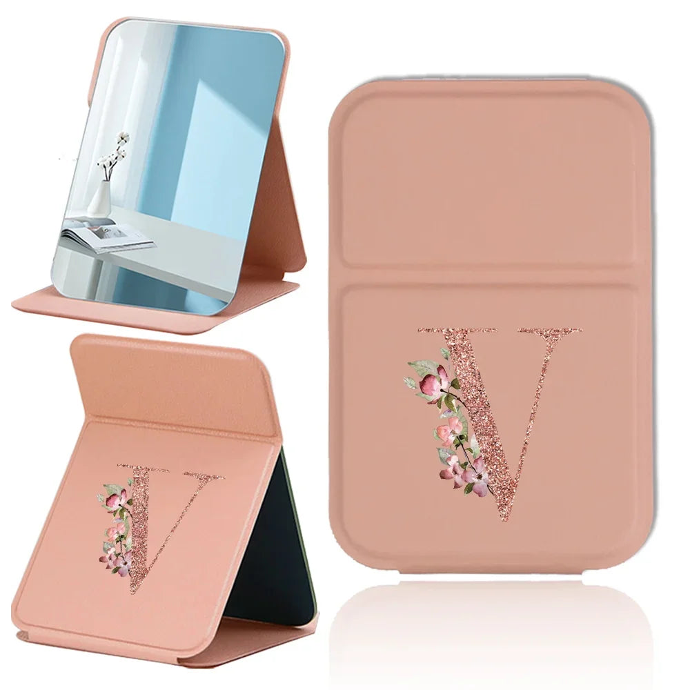 Espejo de maquillaje plegable portátil - Cuero sintético antideslizante en oro rosa con estampado de letras