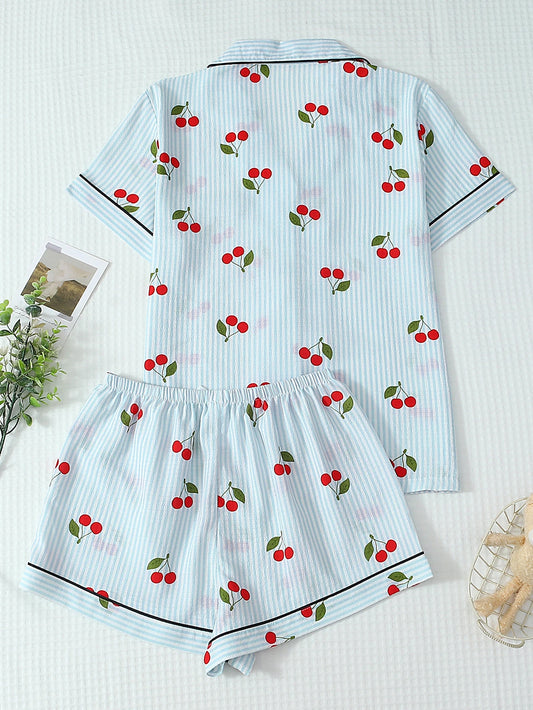 Pyjama Femme Boutonné – Haut Manches Courtes et Short à rayures imprimé 🍒