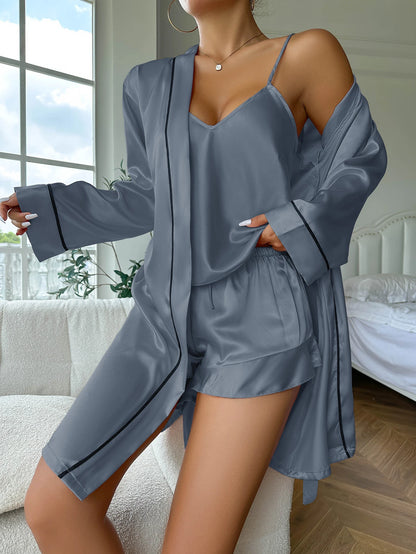 Ensemble Homewear Femme Satin – Camisole , Short à Volant et Robe de Chambre Courte Unis