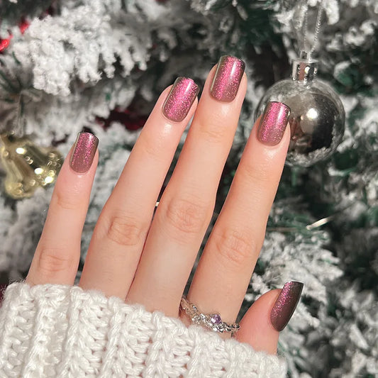 💅 Set de 24 uñas postizas a presión – Estilo ojo de gato, varios colores y brillo
