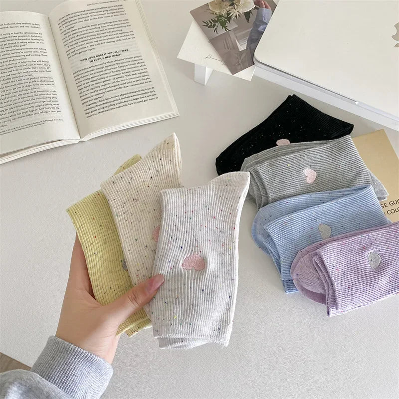 Chaussettes Femme Coton - Pois & Cœur Brodé 🩷