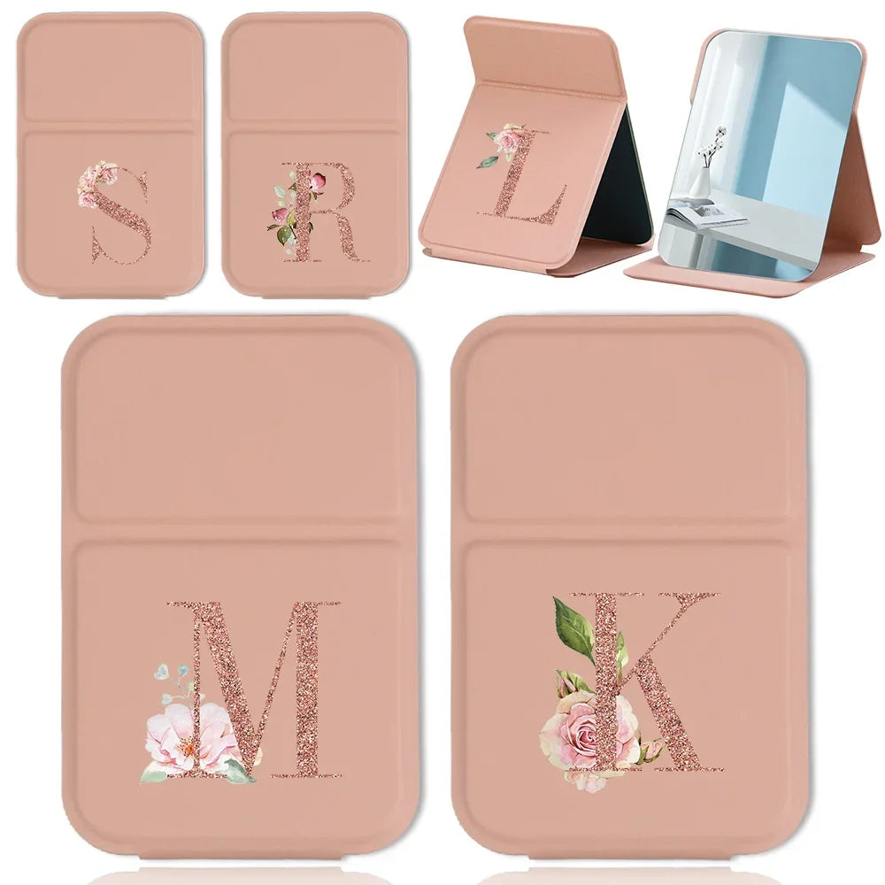 Espejo de maquillaje plegable portátil - Cuero sintético antideslizante en oro rosa con estampado de letras