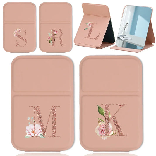 Espejo de maquillaje plegable portátil - Cuero sintético antideslizante en oro rosa con estampado de letras