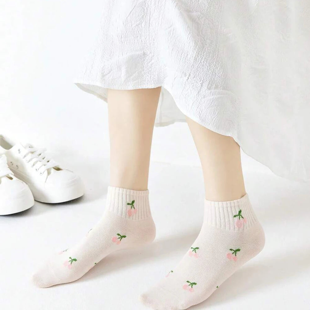 Chaussettes Femme - Courtes Rayées Motifs 🍒🐭