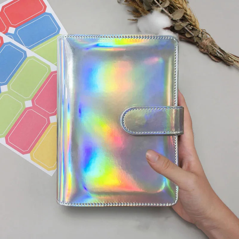Carpeta de presupuesto holográfica A6 con bolsillo con cremallera para ahorrar y organizarse