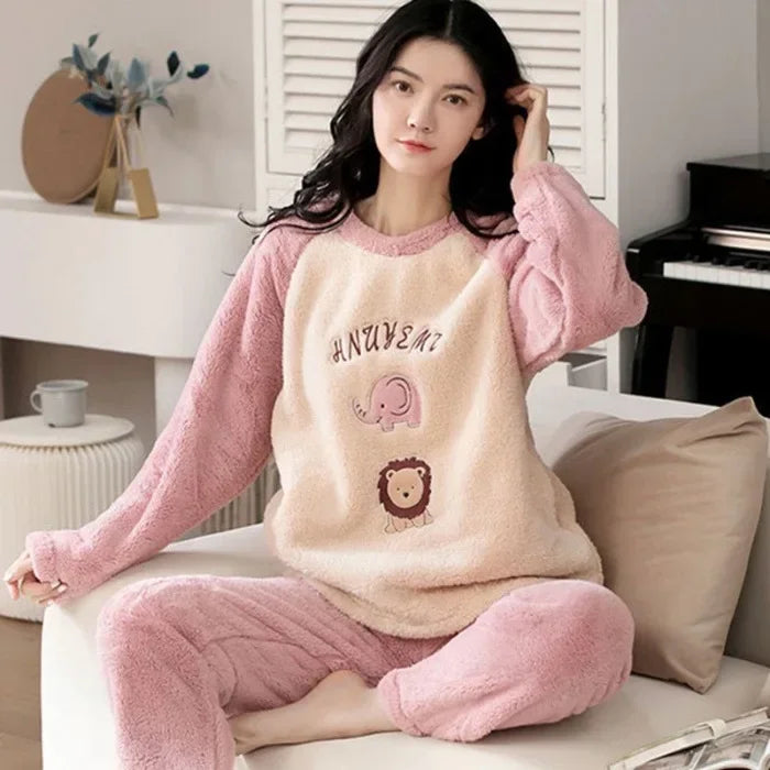 Pyjama Femme Flanelle - Haut Manches Longues et Pantalon Uni