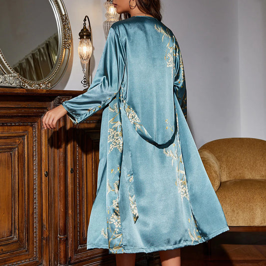 Ensemble Homewear Femme Satin – Nuisette à bretelles & Robe de Chambre Longues imprimés 🌼