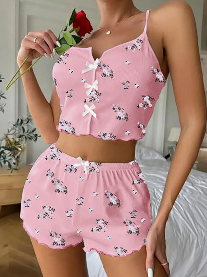 Pyjama Femme – Haut Caraco Col V & Short imprimés 💐