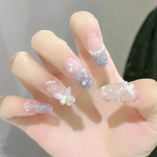 💅💖 Uñas postizas largas x24 – Rosa con pedrería y diseño de ataúd | Aplicación rápida y elegante