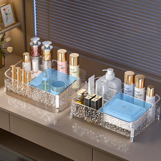 Organizador de maquillaje transparente estilo glaciar: con patas y compartimentos