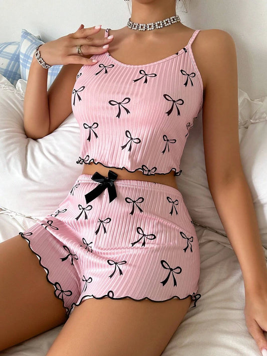 Ensemble Pyjama Femme 2 Pièces – Crop Top Dos Nu & Short Rose Motif Nœud 🎀