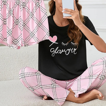 Ensemble Homewear Femme 3 Pièces – T-Shirt, Short & Pantalon imprimé variés 🌸