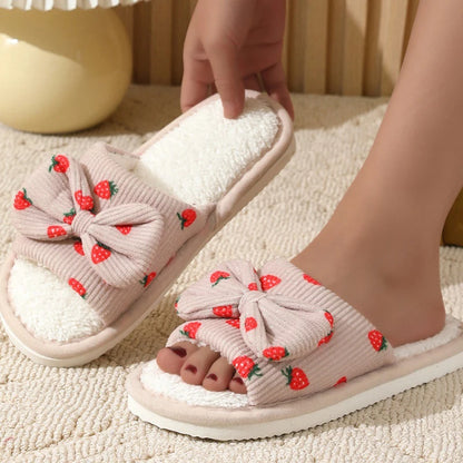 Women's Slippers - Bow, Corduroy and strawberry pattern cotton