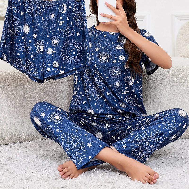 Ensemble Homewear Femme 3 Pièces – T-Shirt, Short & Pantalon imprimé variés 🌸