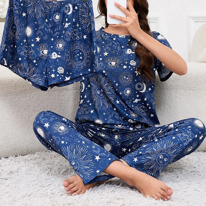 Ensemble Homewear Femme 3 Pièces – T-Shirt, Short & Pantalon imprimé variés 🌸