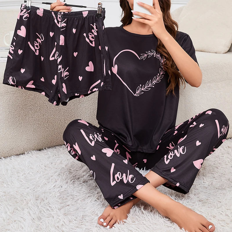 Ensemble Homewear Femme 3 Pièces – T-Shirt, Short & Pantalon imprimé variés 🌸