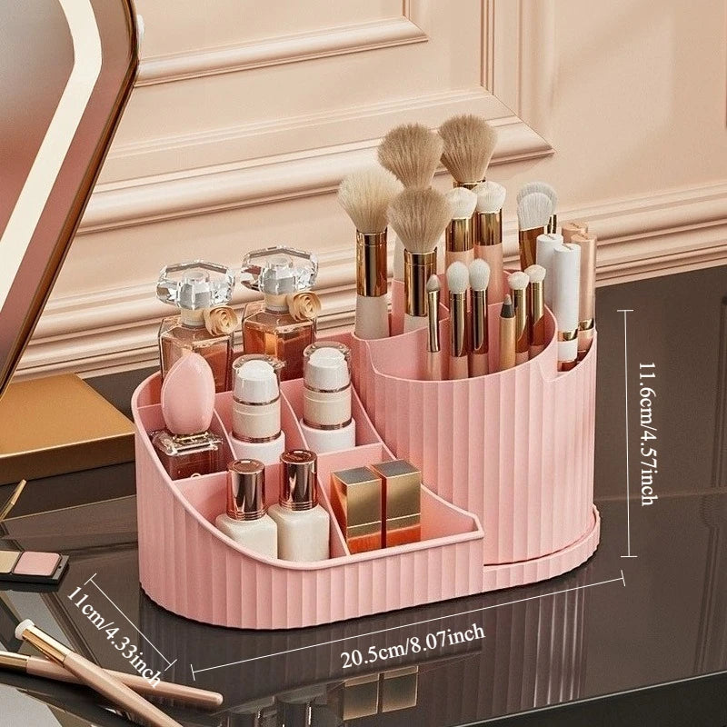 Organizador de maquillaje giratorio: almacenamiento multiusos a prueba de polvo para tocador y escritorio