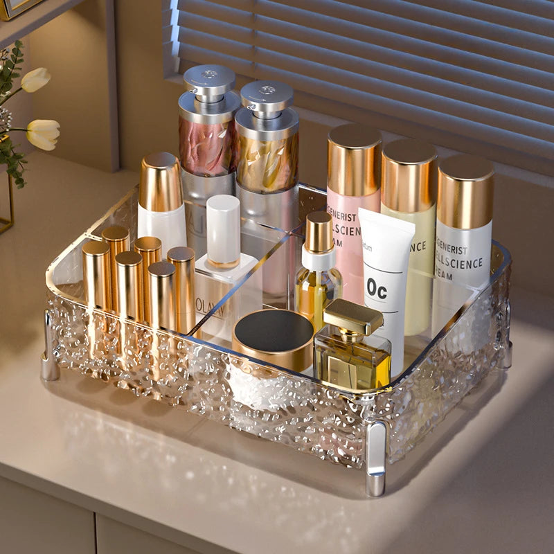 Organizador de maquillaje transparente estilo glaciar: con patas y compartimentos