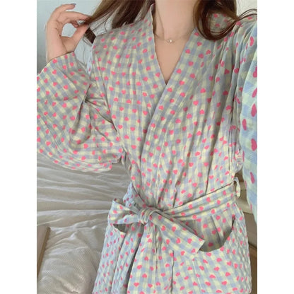 Women's checkered kimono dressing gown – Long set with trousers