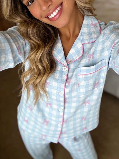 Pyjama Femme Boutonné - Haut Manches Longues et Pantalon à carreaux motif 🎀