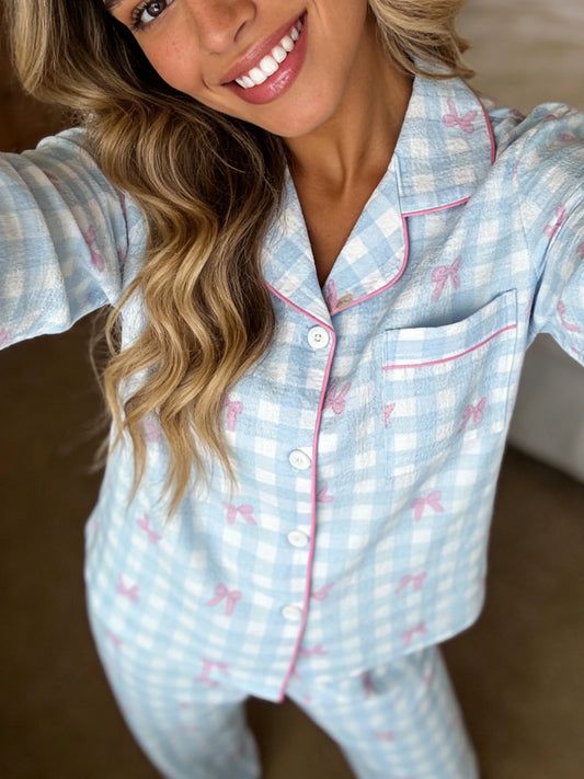 Pyjama Femme Boutonné - Haut Manches Longues et Pantalon à carreaux motif 🎀