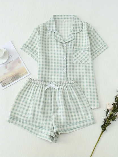 Pyjama Femme Boutonné – Haut Manches Courte et Short à carreaux