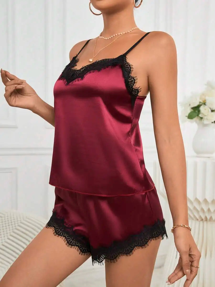 Pyjama Femme Satin et Dentelle  – Caraco & Short Uni