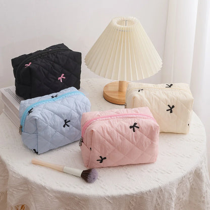 Trousse Maquillage Femme Nœud Brodé – Grande Capacité en Coton🎀