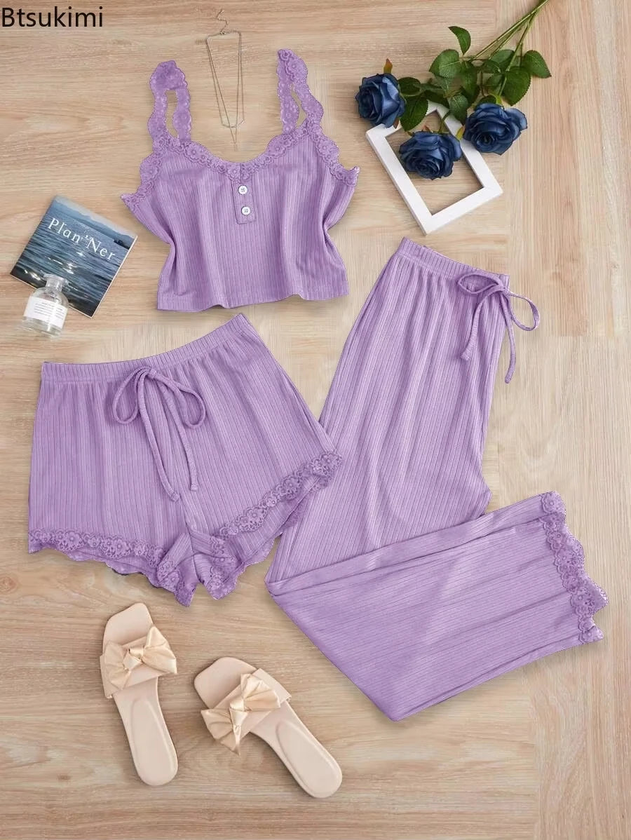 Ensemble Homewear Femme Dentelle – Débardeur Court , Short et Pantalon Uni