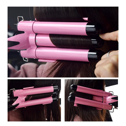 Plancha de pelo rosa de triple barril 