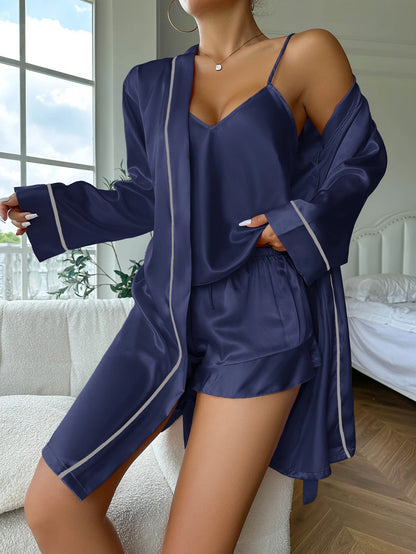 Ensemble Homewear Femme Satin – Camisole , Short à Volant et Robe de Chambre Courte Unis