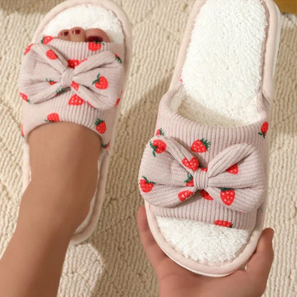 Women's Slippers - Bow, Corduroy and strawberry pattern cotton