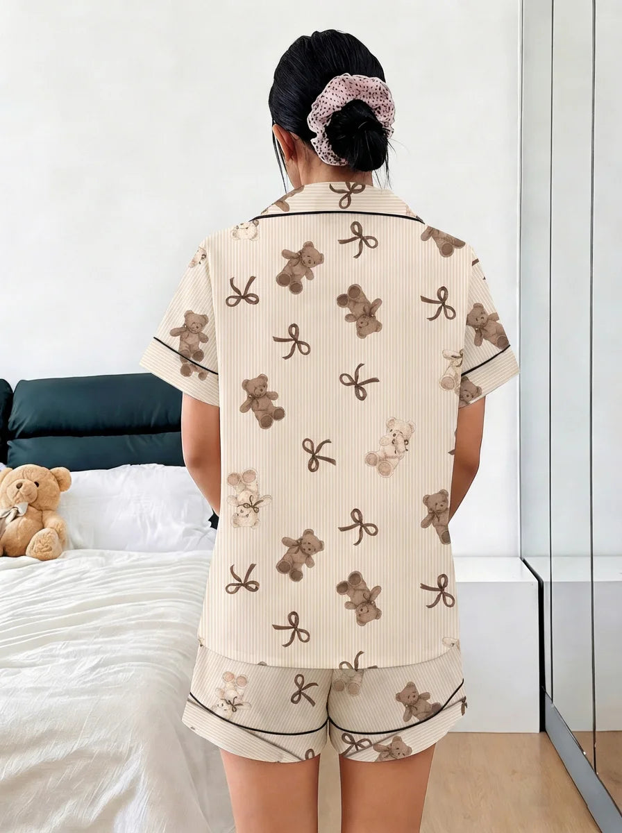 Ensemble Pyjama Femme 2 Pièces – Cardigan & Short, Printemps/Été 🐻