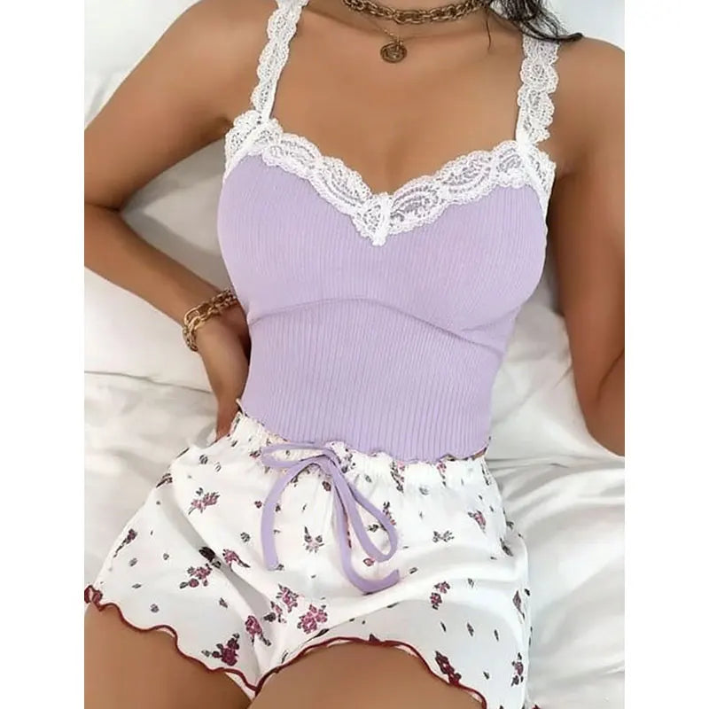 Pyjama - Haut camisole avec dentelle et short 🌸