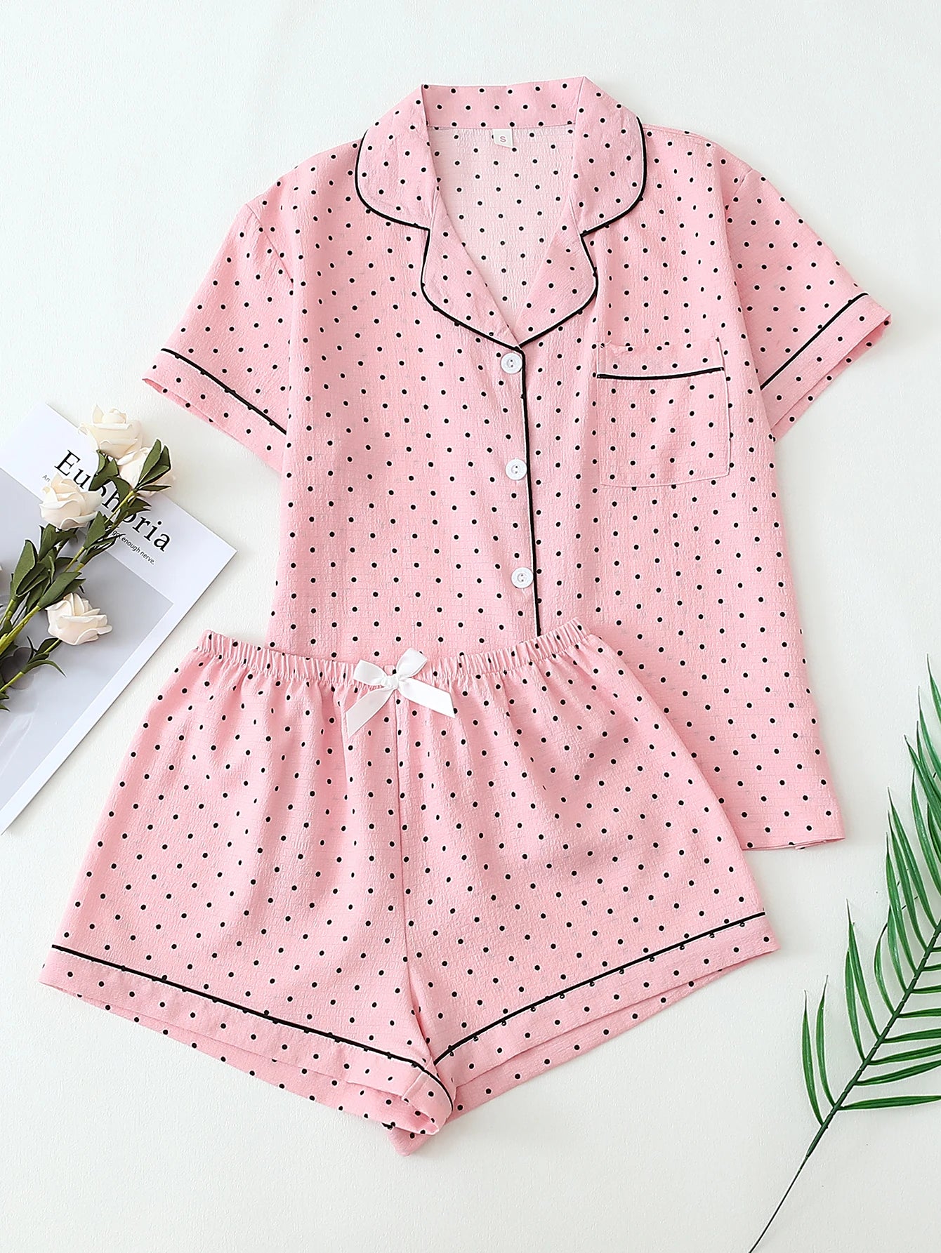 Pyjama Femme Boutonné- Haut Manches Courtes et Short imprimé Pois Noir