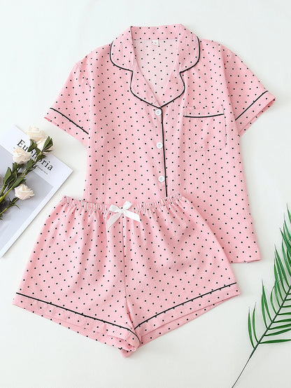 Pyjama Femme Boutonné- Haut Manches Courtes et Short imprimé Pois Noir