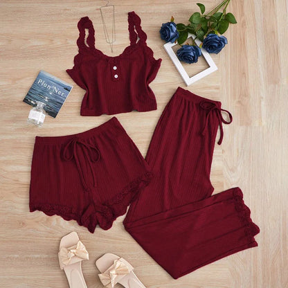 Ensemble Homewear Femme Dentelle – Débardeur Court , Short et Pantalon Uni