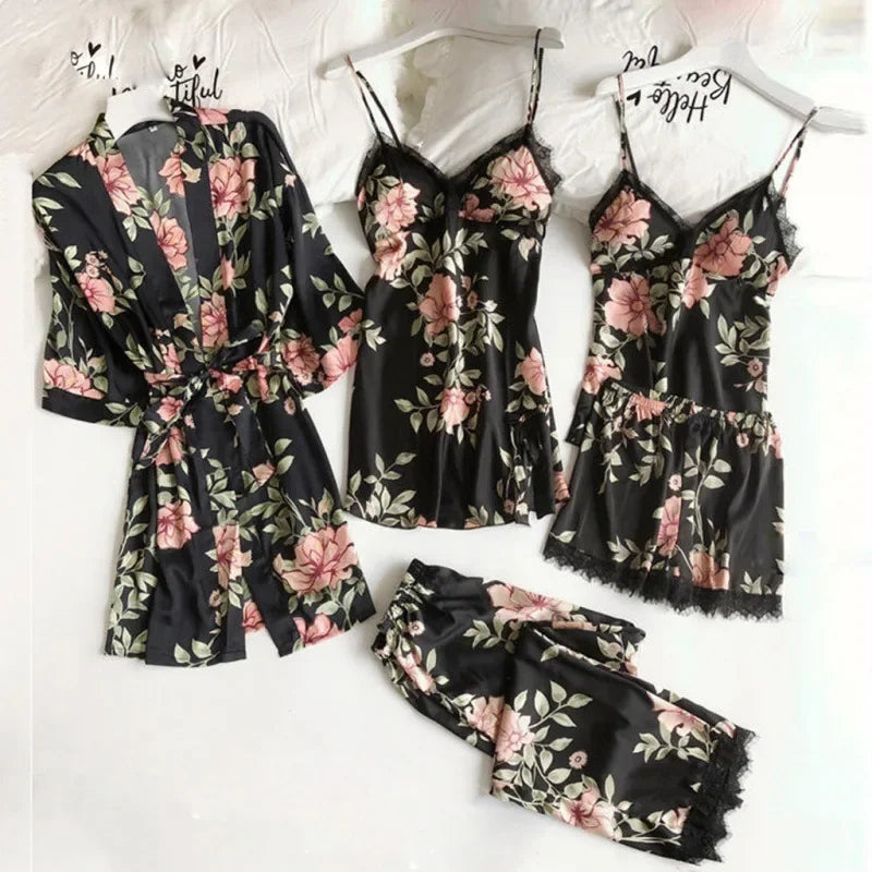 Ensemble Homewear Femme Dentelle – Caraco, Short, Pantalon & Robe de Chambre imprimés 💐