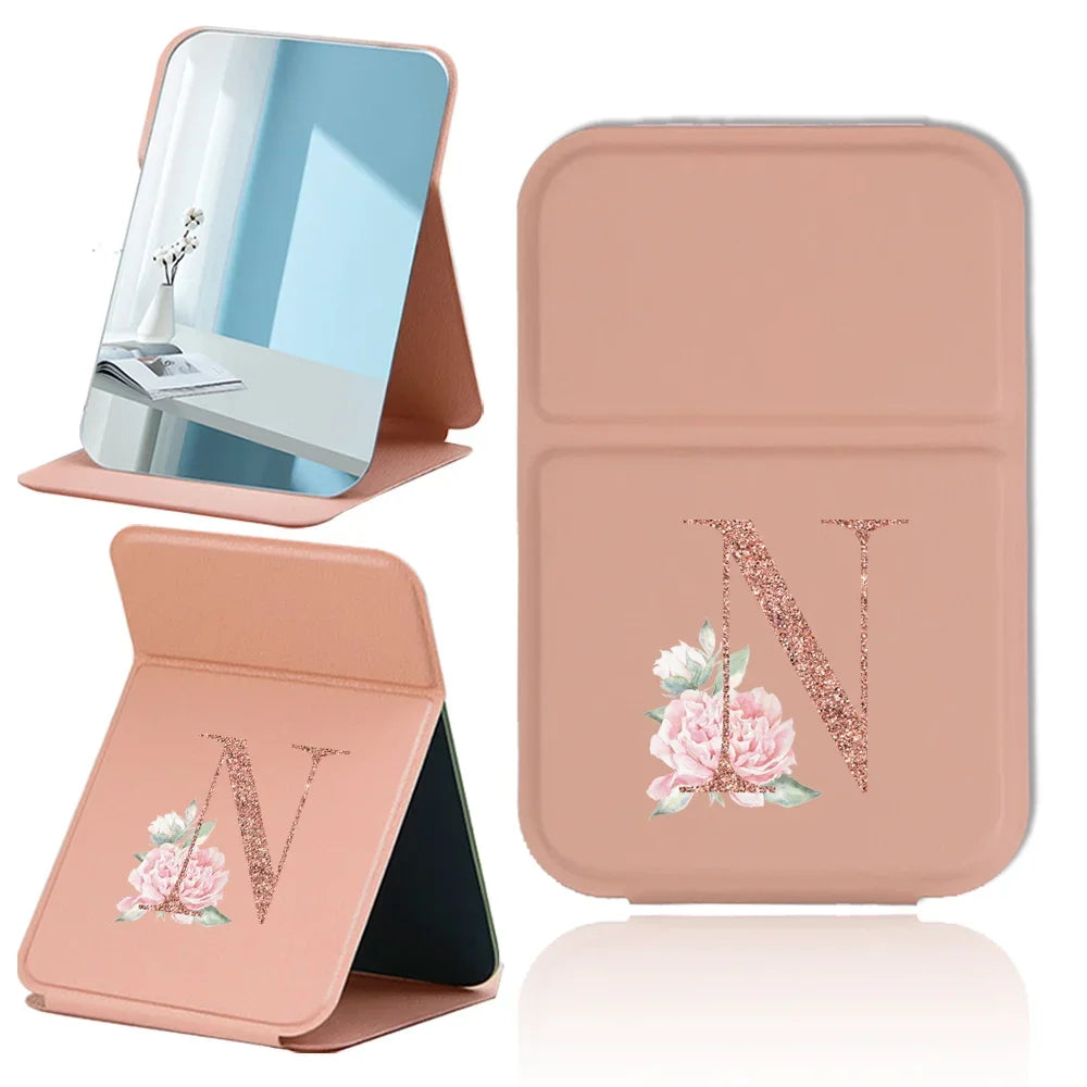 Espejo de maquillaje plegable portátil - Cuero sintético antideslizante en oro rosa con estampado de letras