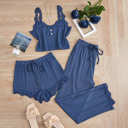 Ensemble Homewear Femme Dentelle – Débardeur Court , Short et Pantalon Uni