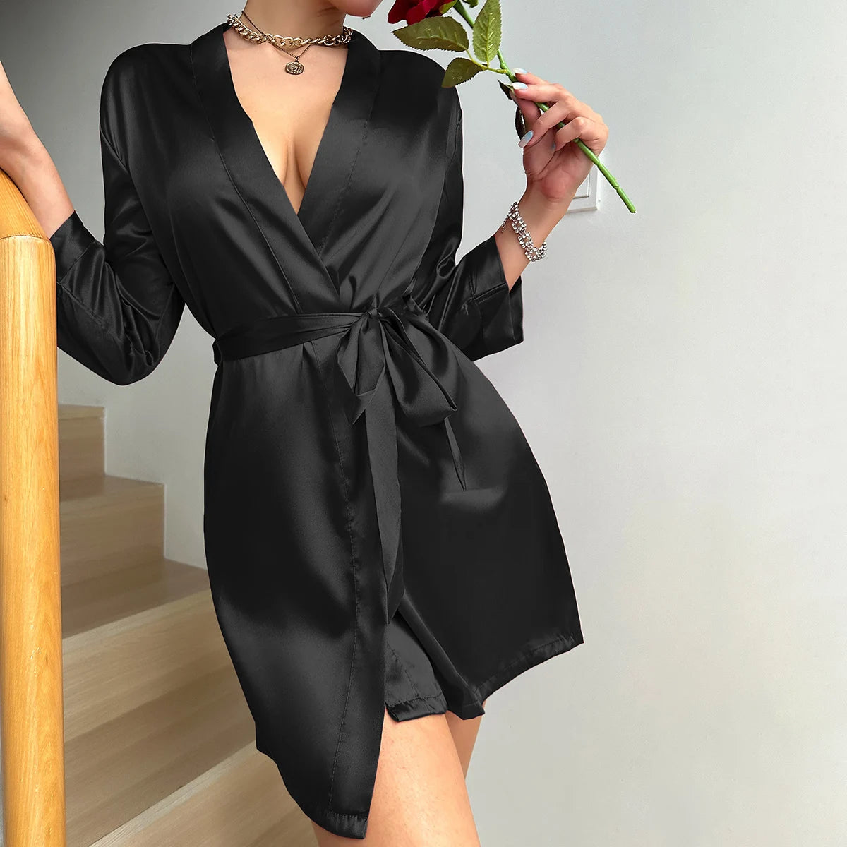 Robe de Chambre Femme Satin Ice Silk – courte à manches semi court Uni🌹