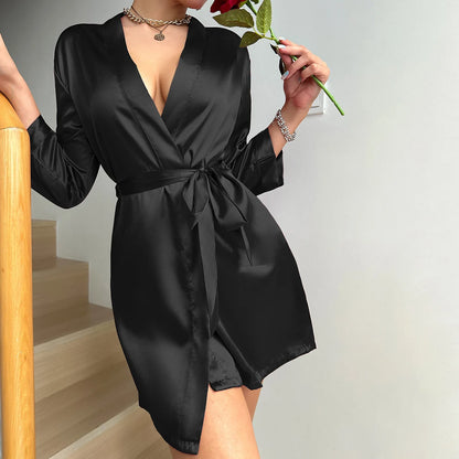 Robe de Chambre Femme Satin Ice Silk – courte à manches semi court Uni🌹