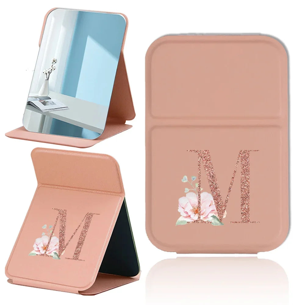 Espejo de maquillaje plegable portátil - Cuero sintético antideslizante en oro rosa con estampado de letras