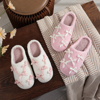 Chaussons femme automne/hiver – Douillets en peluche avec nœud rose 🎀