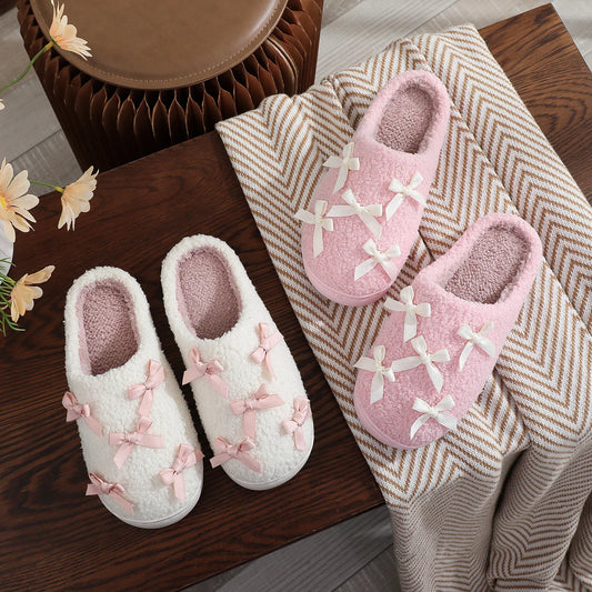 Chaussons femme automne/hiver – Douillets en peluche avec nœud rose 🎀