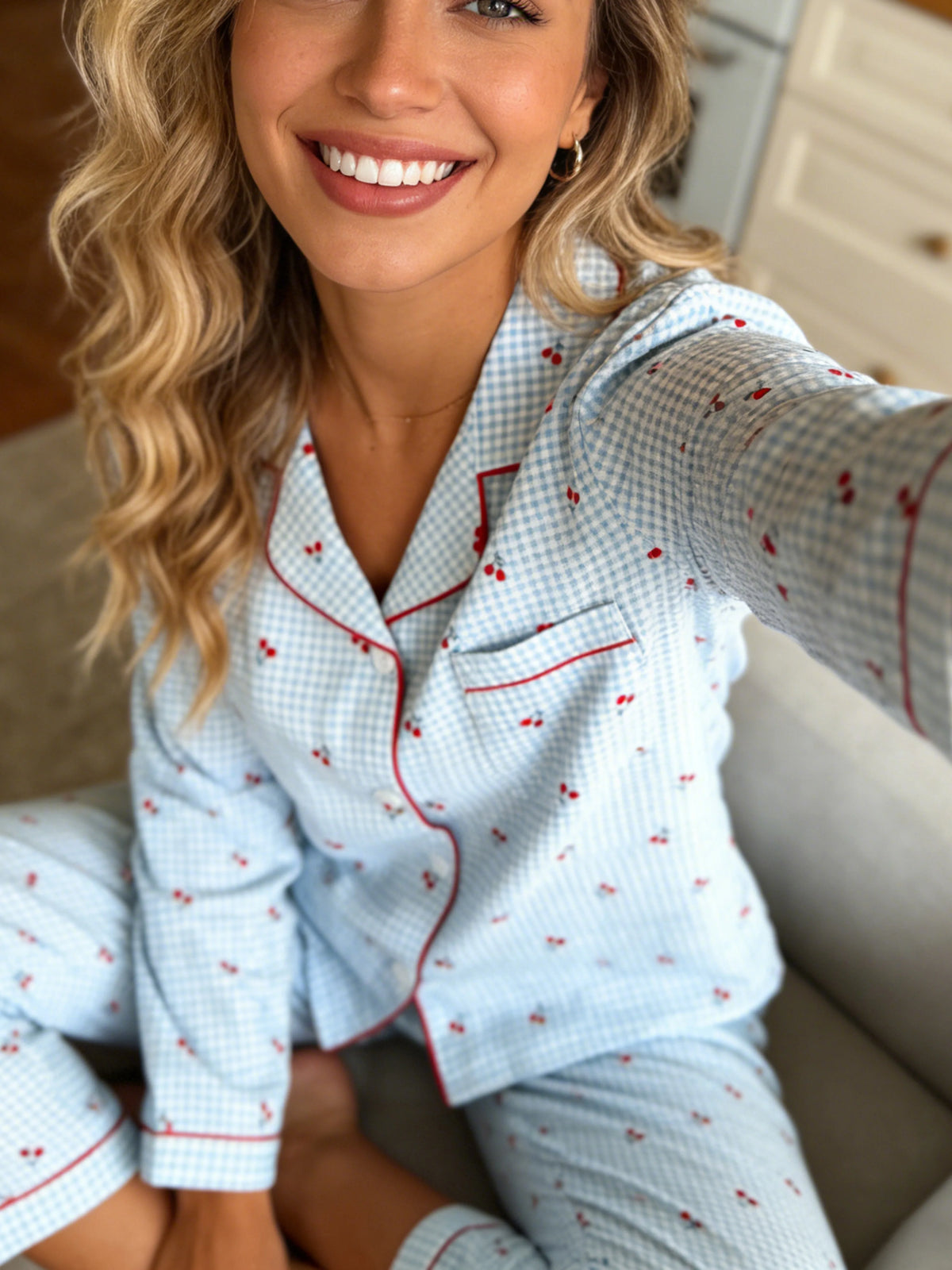Pyjama Boutonné - Haut à manches longues et pantalon assorti à carreaux 🍒